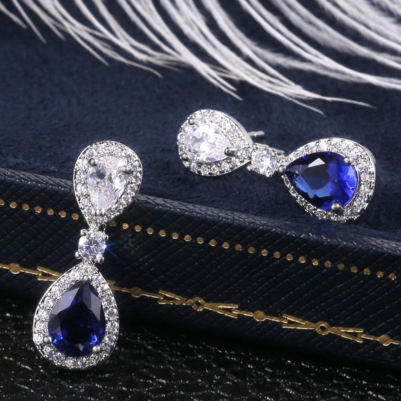 💝Noble Water Drop Royal Blue And White Pear Zircon Stud Earrings, UNVN12417 - Picture 5 of 7
